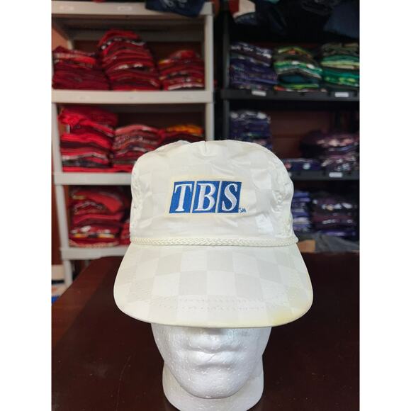 Vintage TBS Sports Hat White Checkered Yellowed Cap Headwear 90s 1990s - Picture 1 of 7